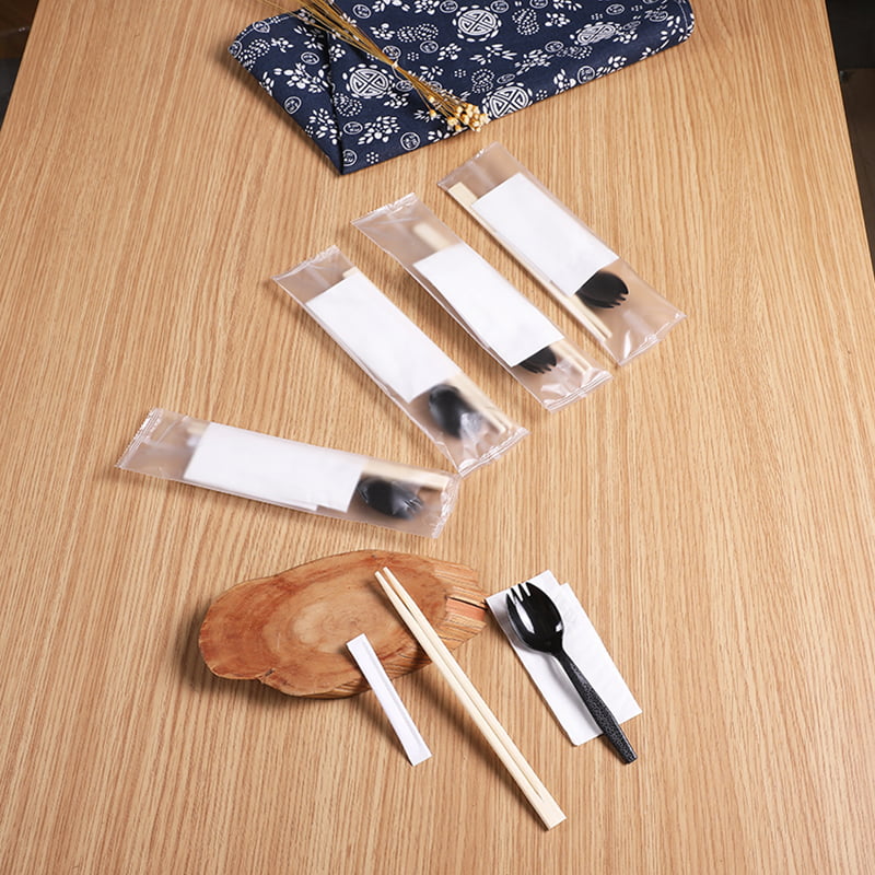 Disposable Bamboo Chopsticks 4pcs Set With Spork Serviette Frosted Composite Film Set