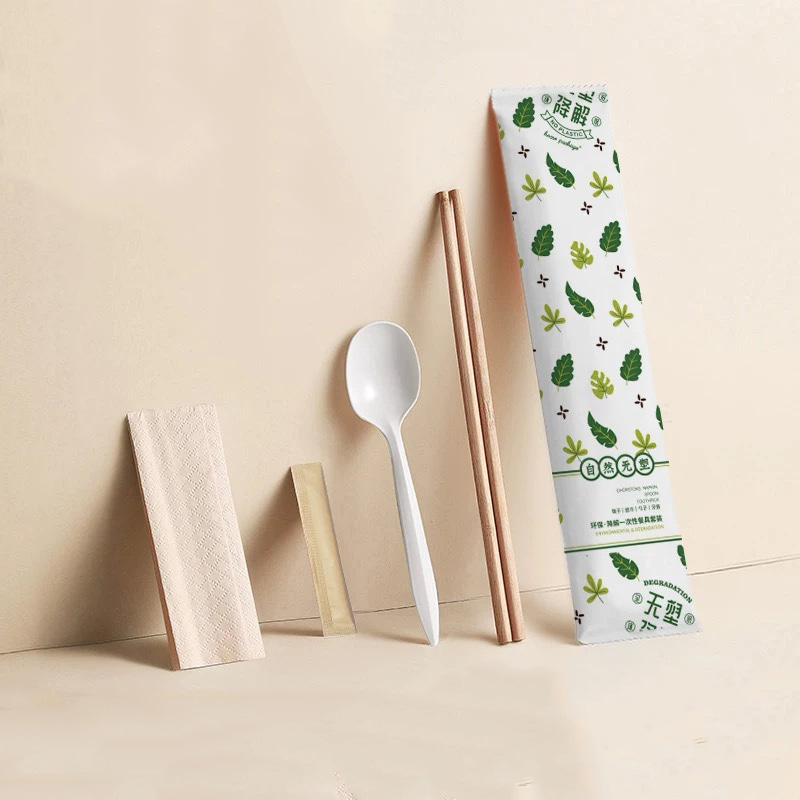 Disposable Cutlery Eco-Friendly Bamboo Chopsticks Para sa Restaurant Print Logo Cutlery Packaging Degradable Paper Film Set