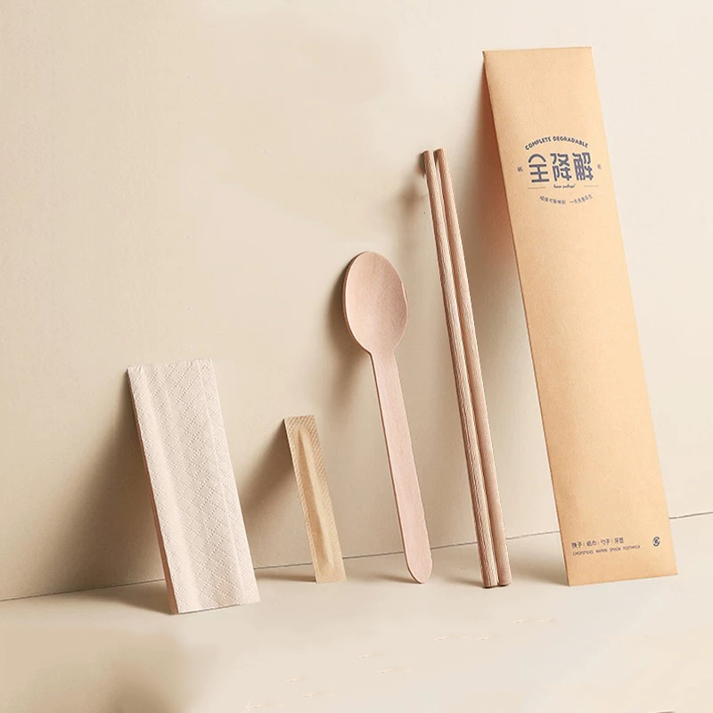 Disposable Bamboo Chopsticks 4pcs Set With Biodegradable Spoon Table Napkin Cutlery Degradable Paper Film Set