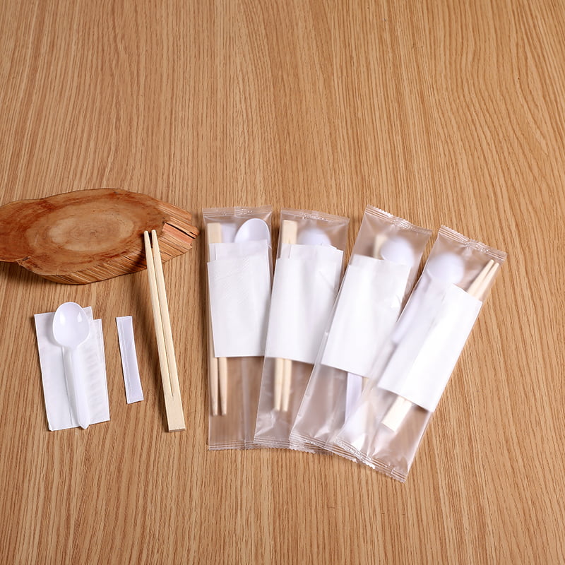 Set ng Bamboo Chopsticks na May Puting Kutsara At Napkin Frosted Composite Film Set