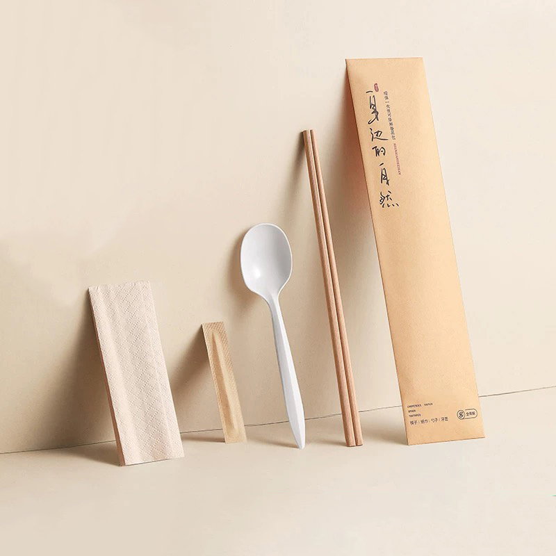 New Style Disposable Bamboo Chopsticks Set na May Spoon /Napkin/Toothpick Degradable Paper Film Set